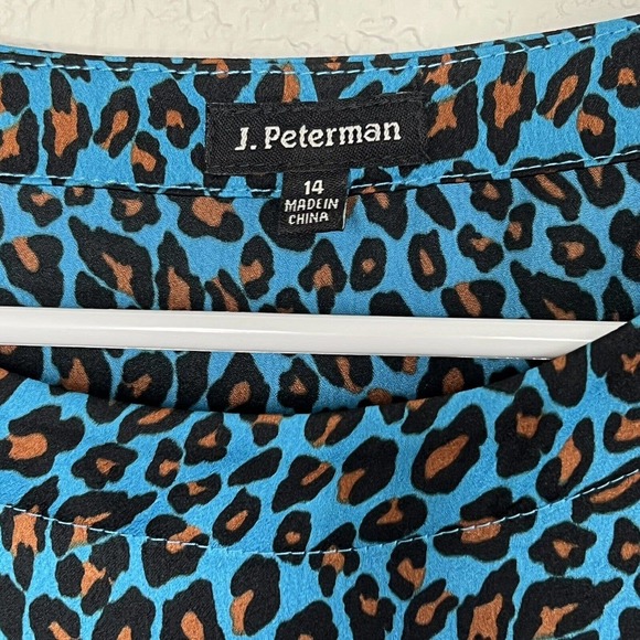J Peterman shirt Blue Brown Leopard Animal Print Top Size 14 Career Office Ad2 - Picture 7 of 7